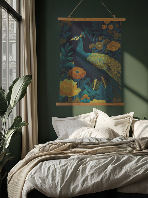 Vintage peacock botanical wall tapestry featuring majestic teal peacock with golden plumage amid lush emerald foliage and golden poppy flowers on dark charcoal background. Decorative wall hanging with wooden frame and twine hanger, perfect for boho, cottagecore, or dark academia home decor. Rich jewel tones create mystical woodland garden atmosphere in this nature-inspired art piece.
